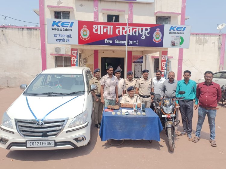 बीते माह तखतपुर के व्यापारी से 11लाख रूपये और बलेनों कार लेकर फरार आरोपी ड्राइवर को पुलीस ने किया गिरफ्तार, एक कार ,बाइक,मोबाईल और लगभग 3लाख रूपये जप्त